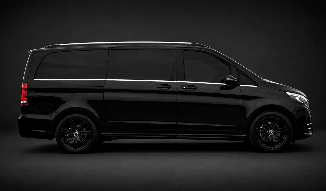 Black Mercedes-Benz V-Class photographed in side profile with the sliding passenger door closed