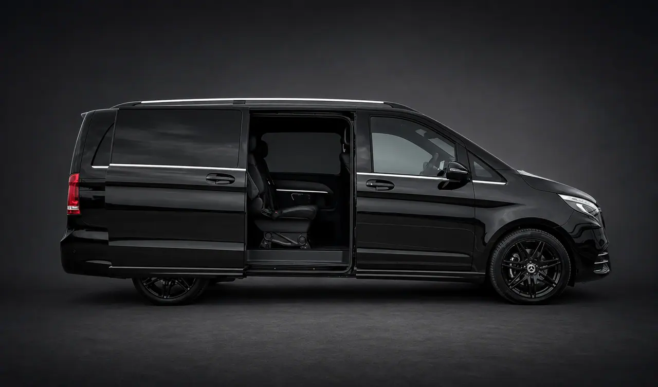 The same Mercedes-Benz V-Class with the electric sliding door fully open, showing the cabin